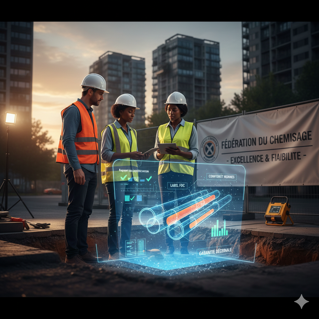 Gros plan technique d'une canalisation rénovée par chemisage avec sceau de certification de la Fédération du Chemisage et technicien expert en arrière-plan.